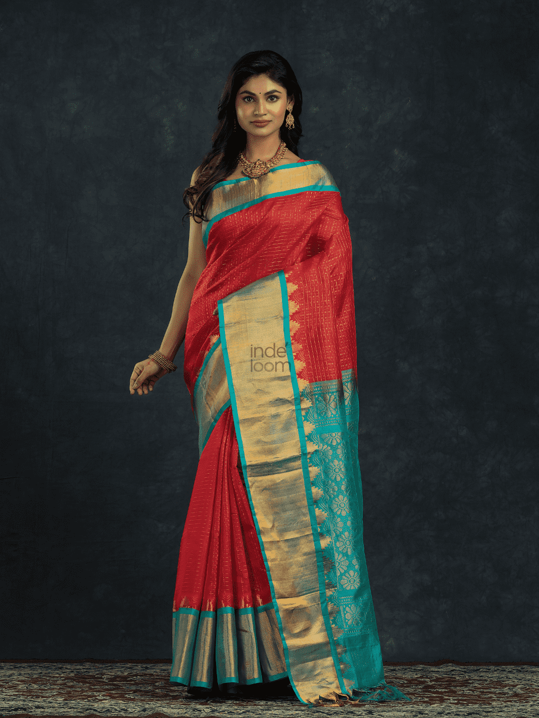 Pure handloom Korvai Silk Cotton Lakshadeepam Saree in Chilli Red and Sky Blue Border - 007