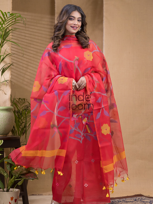 Coral Red | Handloom Jamdani Muslin Unstitched 2-Piece Kurti | Classic Design