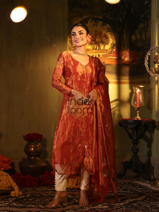 Clay Red | Handloom Jamdani Tissue Unstitched 2-Piece Kurti