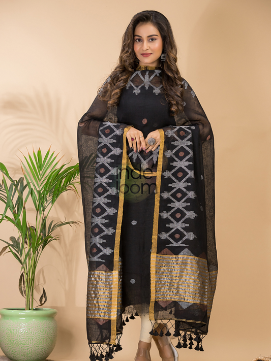 Deep Black | Handloom Jamdani Linen Unstitched 2-Piece Kurti | Dhakai Design