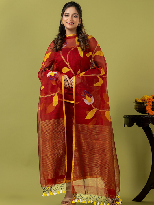 Handwoven Jamdani Silk Cotton Unstitched 2-piece Kurti | Deep Red
