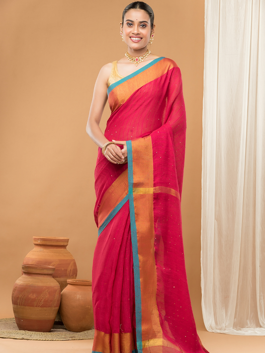 Linen Sequin Jamdani Saree With Rose Red -006