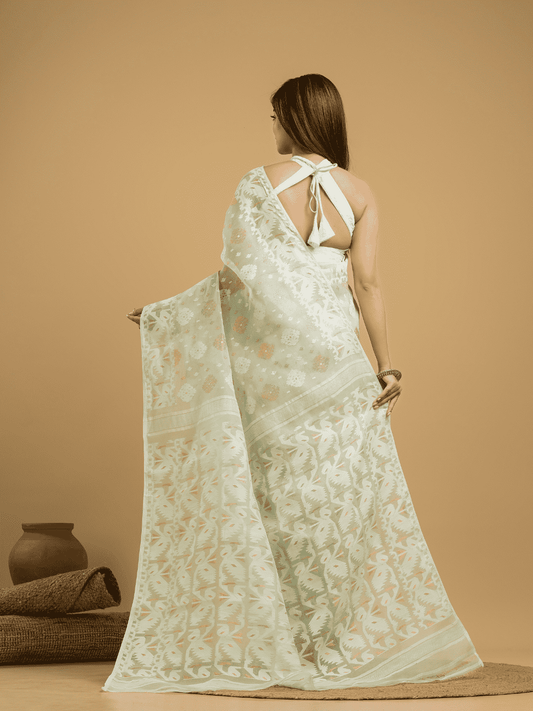 Light Green Jamdani Saree - 052 - indeloom