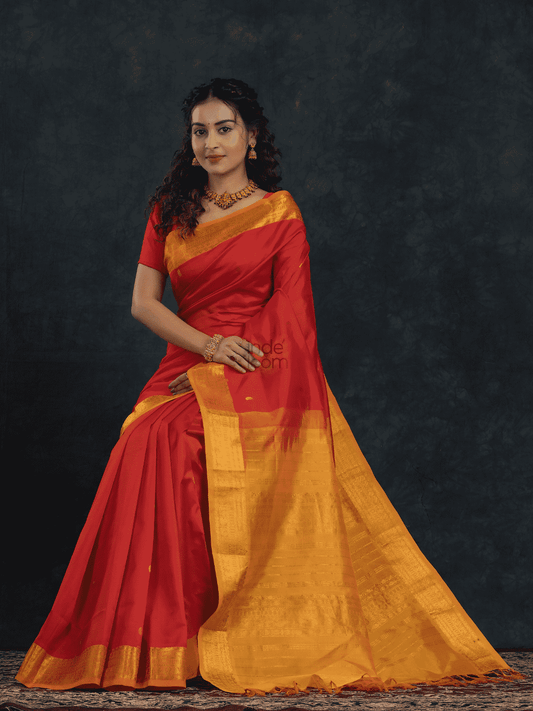 Pure Handloom Korvai Saree | Classic Korvai with small zari buttas | Red and Yellow