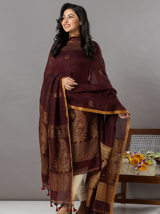 Handwoven Jamdani Linen Unstitched 2-Piece Kurti | Deep Coffee Brown
