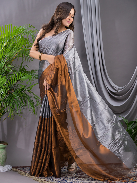 Tissue Silk Saree With Charcoal Grey- 016