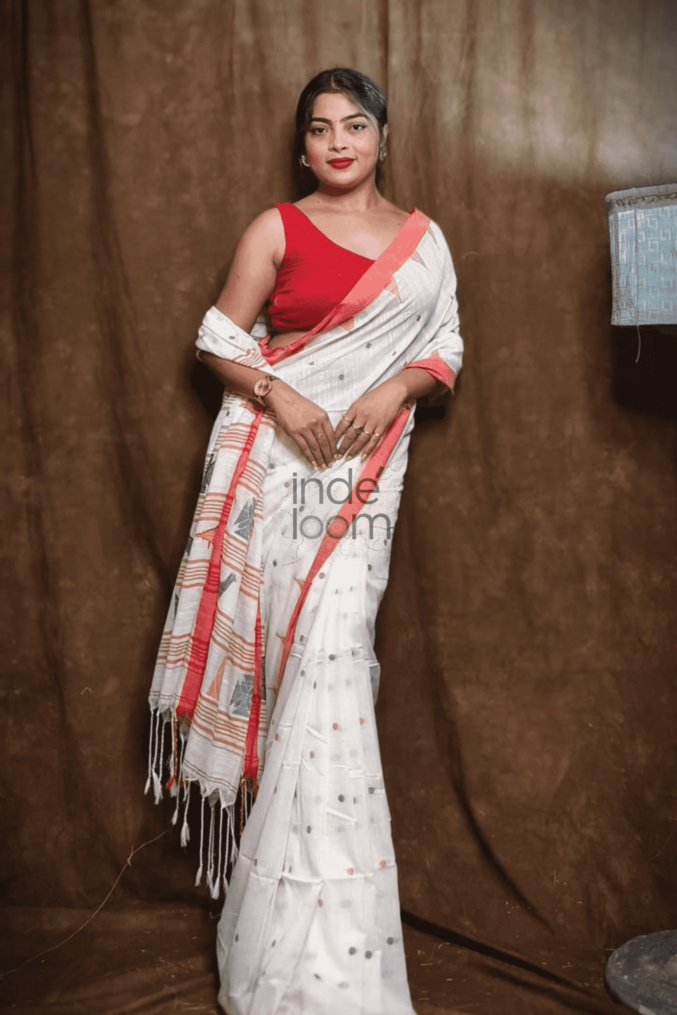 Handloom Linen Checks Saree with Pure White and Red Border-011 - indeloom