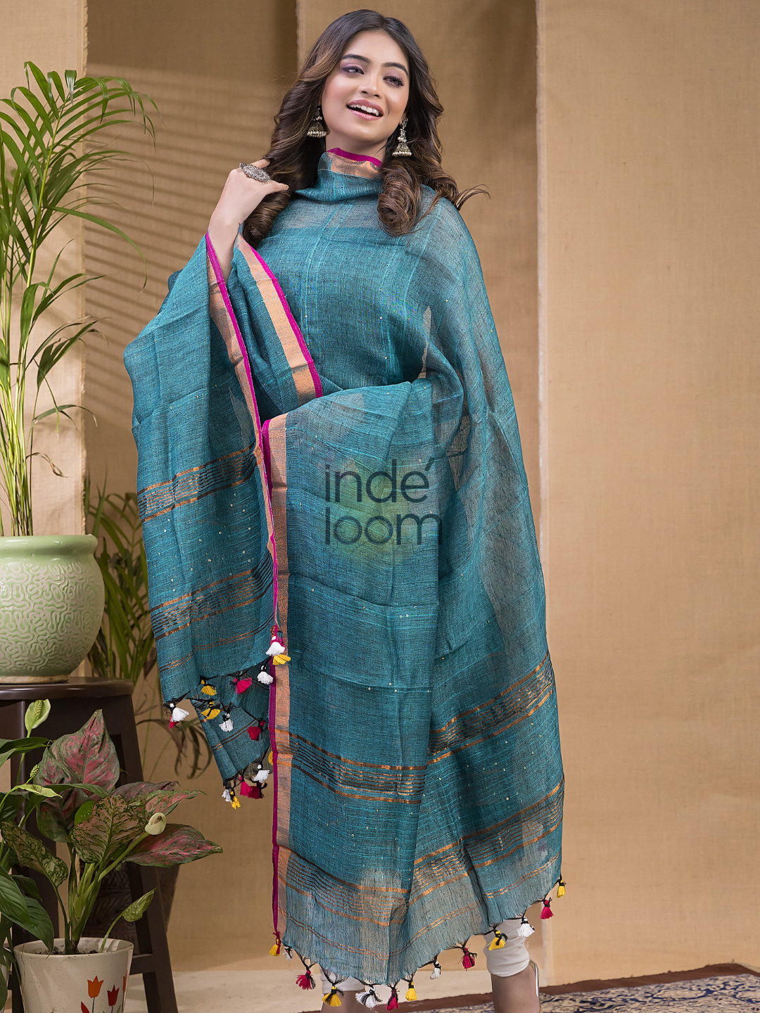 Cyan Blue Pure Linen Seqin Suit 2 Piece Set Kurti & Dupatta (UNSTITCHED) -0631