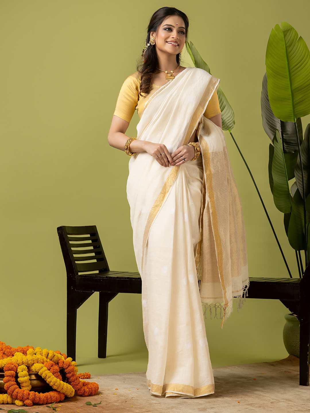 Pure Handloom Linen Saree | Shell White and White | Half and Half style with Contrast Border
