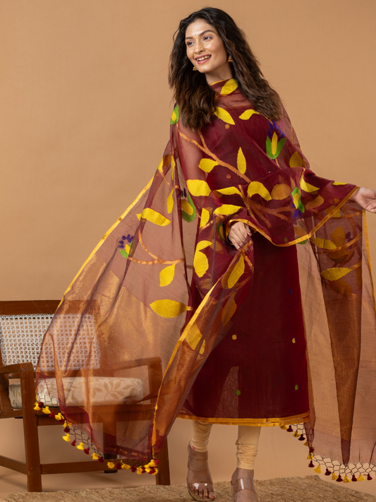 Handwoven Jamdani Muslin Unstitched 2-Piece Kurti | Deep Maroon