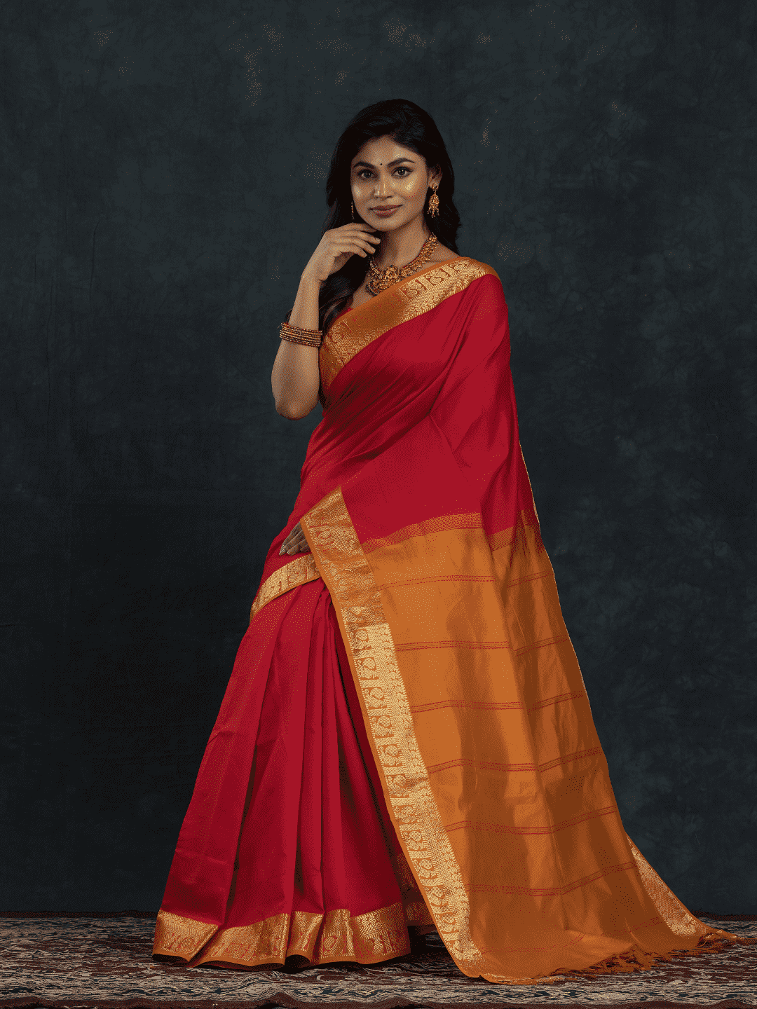 Pure Handloom Korvai Silk Cotton Saree in Passion Red and Mustard with Golden Pecock - 185
