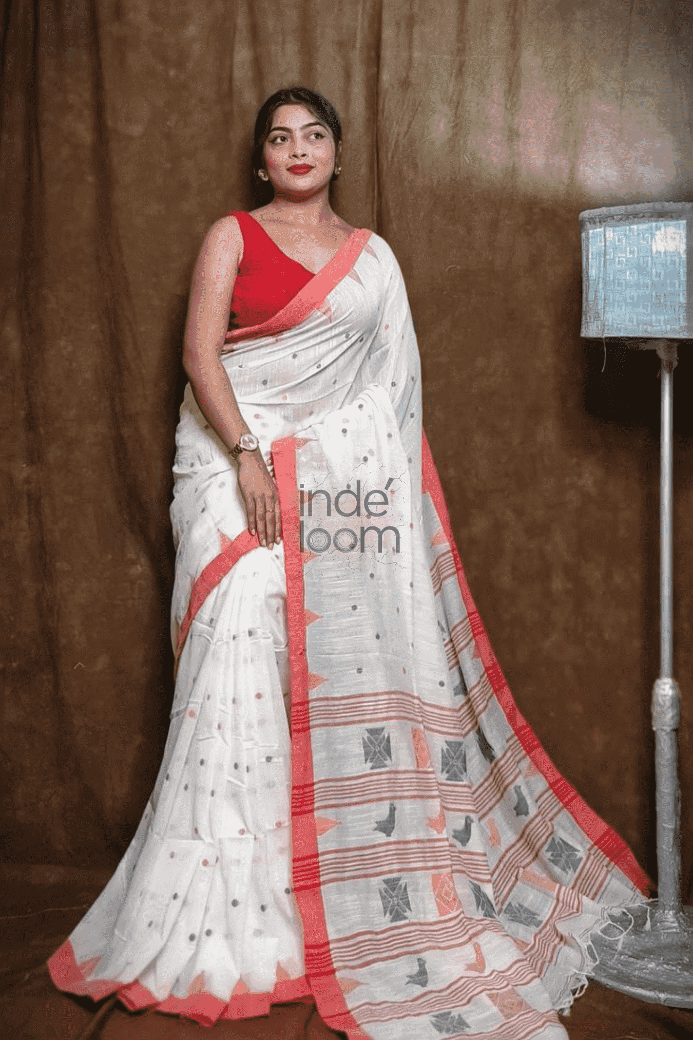 Handloom Linen Checks Saree with Pure White and Red Border-011 - indeloom