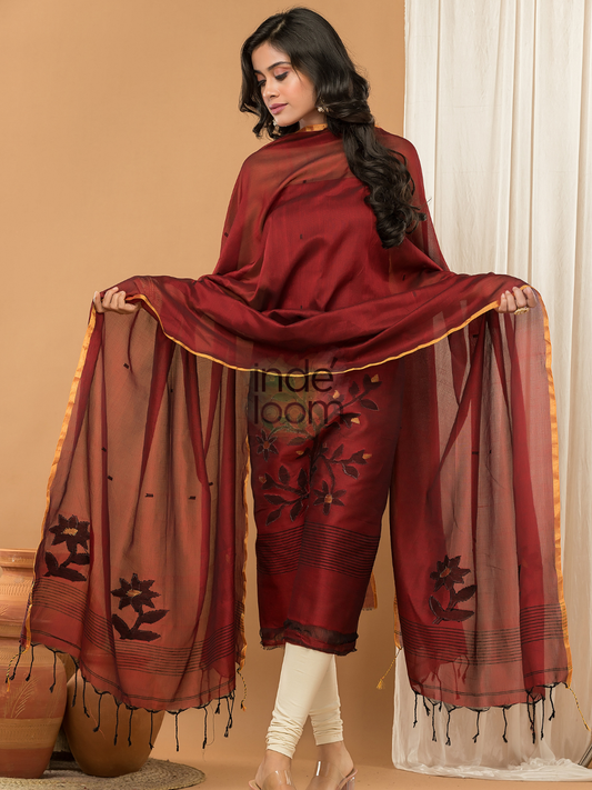 Maroon | Handloom Jamdani Muslin Unstitched 2-Piece Kurti