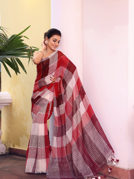 Linen Checks Saree With Red and White - 134