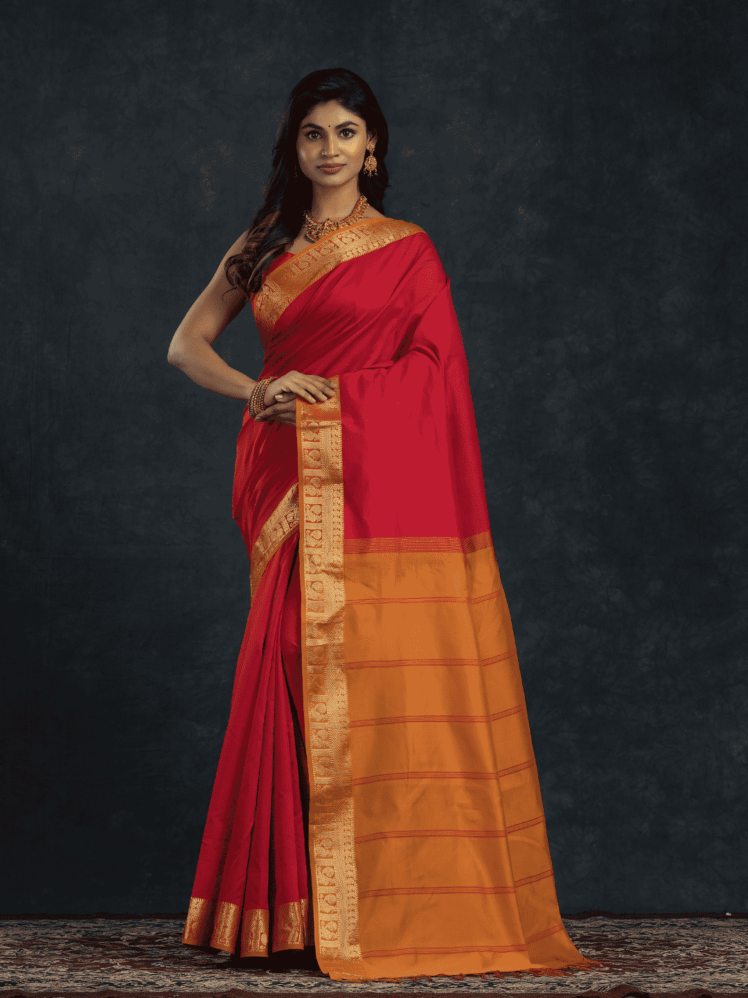 Pure Handloom Korvai Silk Cotton Saree in Passion Red and Mustard with Golden Pecock - 185