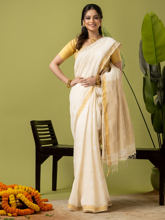 Pure Handloom Linen Saree | Shell White and White | Half and Half style with Contrast Border