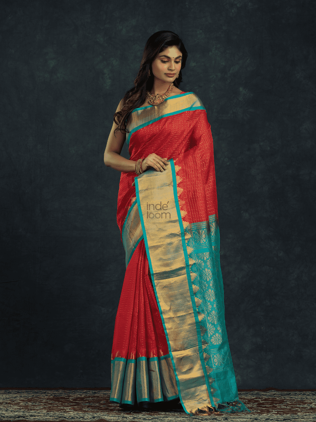 Pure handloom Korvai Silk Cotton Lakshadeepam Saree in Chilli Red and Sky Blue Border - 007