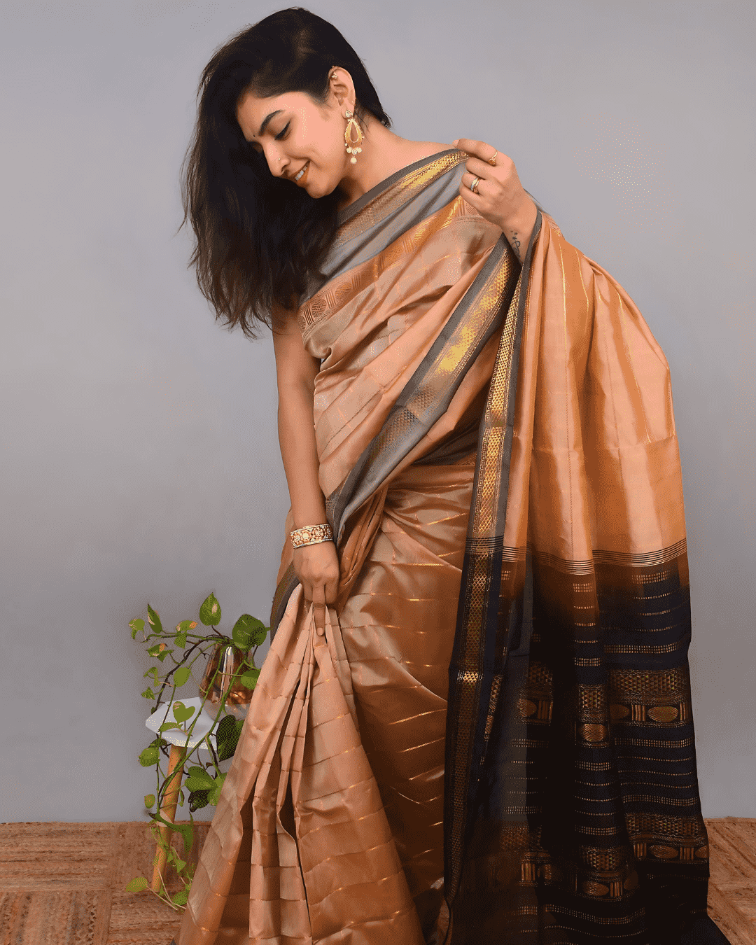 Pure handloom Korvai Silk Cotton Saree in Sepia Brown and Rich Black Border - 008