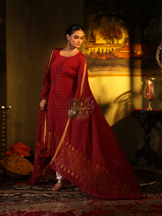 Dark Ruby | Handloom Jamdani Tissue Unstitched 2-Piece Kurti