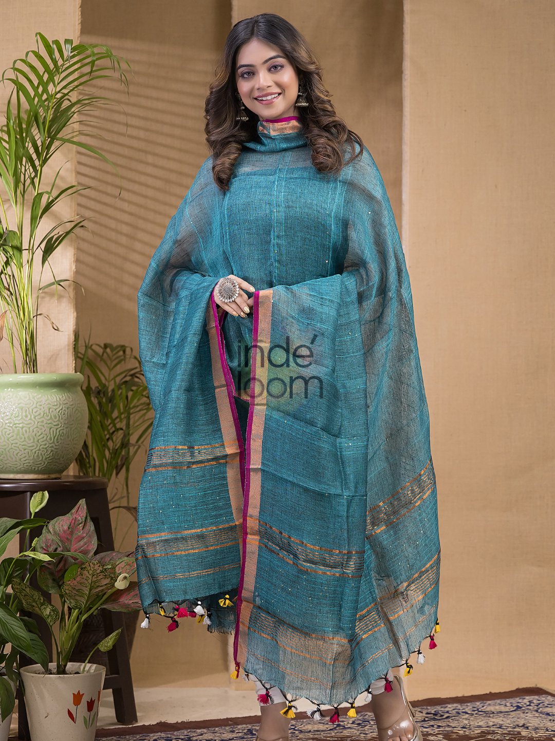 Cyan Blue Pure Linen Seqin Suit 2 Piece Set Kurti & Dupatta (UNSTITCHED) -0631