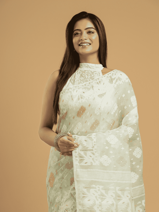 Light Green Jamdani Saree - 052 - indeloom