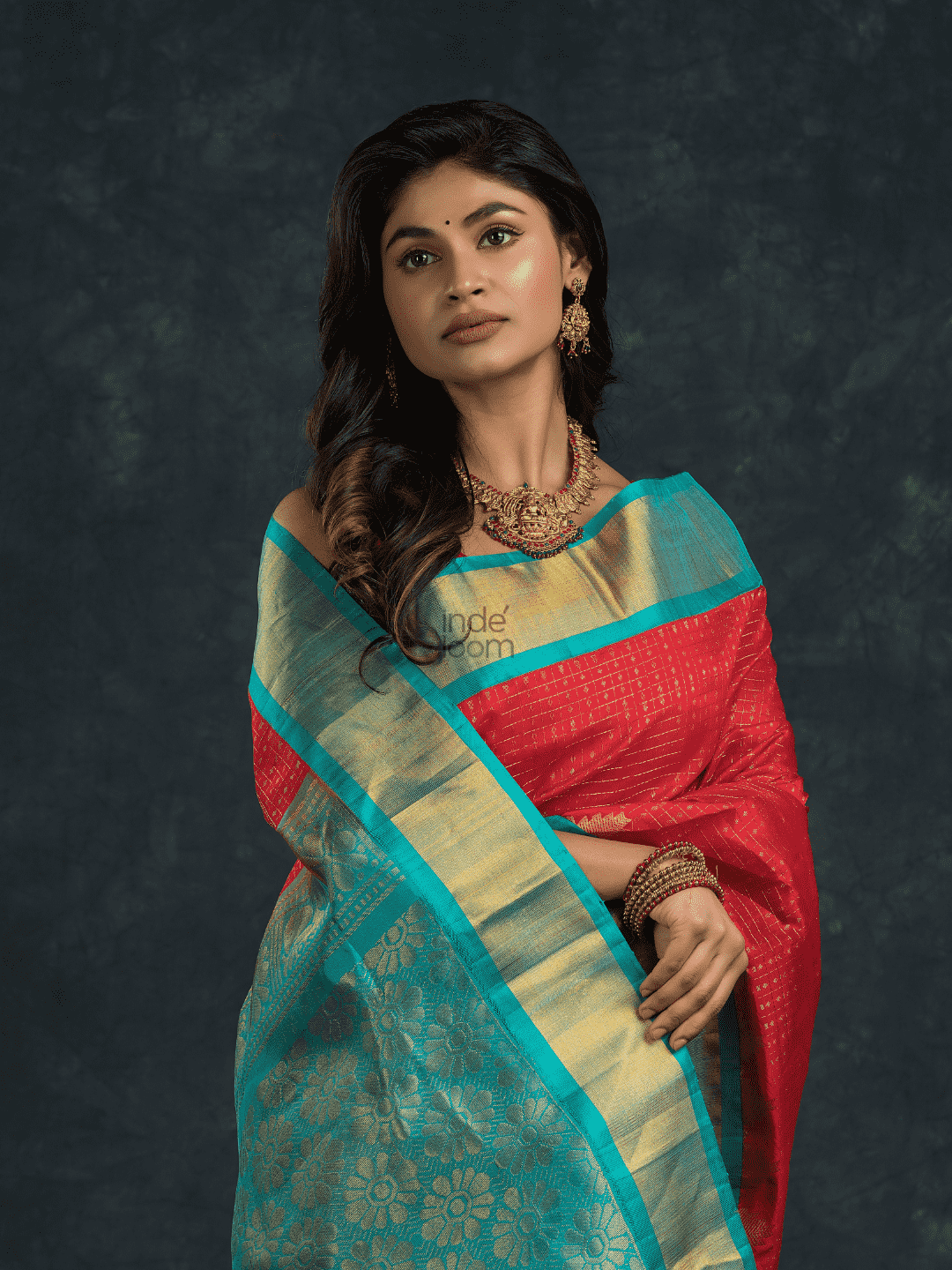 Pure handloom Korvai Silk Cotton Lakshadeepam Saree in Chilli Red and Sky Blue Border - 007