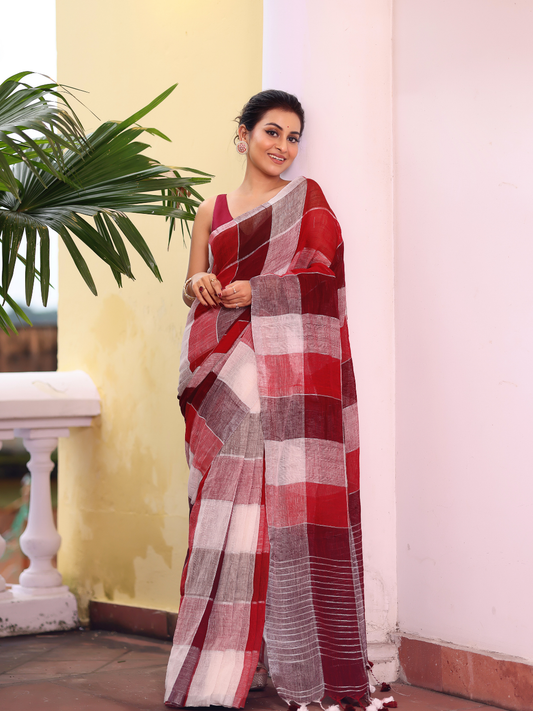 Linen Checks Saree With Red and White - 134