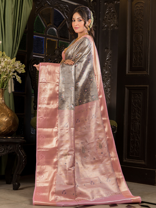 Rajatvata  -  Lava grey silk with warm pink-gold zari border