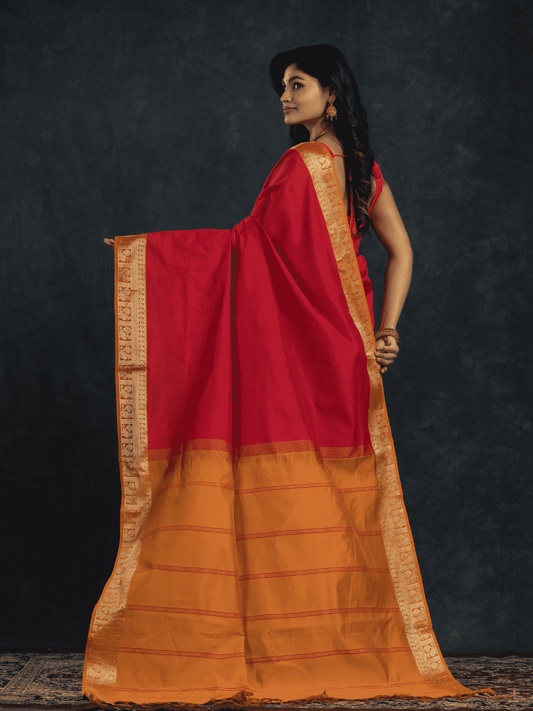 Pure Handloom Korvai Silk Cotton Saree in Passion Red and Mustard with Golden Pecock - 185