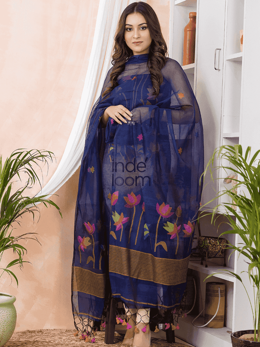 Navy Blue | Handloom Jamdani Muslin Unstitched 2-Piece Kurti | Classic Design