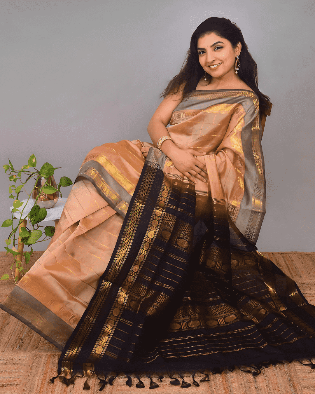 Pure handloom Korvai Silk Cotton Saree in Sepia Brown and Rich Black Border - 008