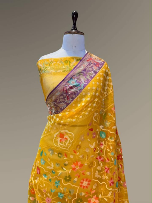 Exclusive Pure Ektara Benarasi Kora Jamdani saree | Yellow