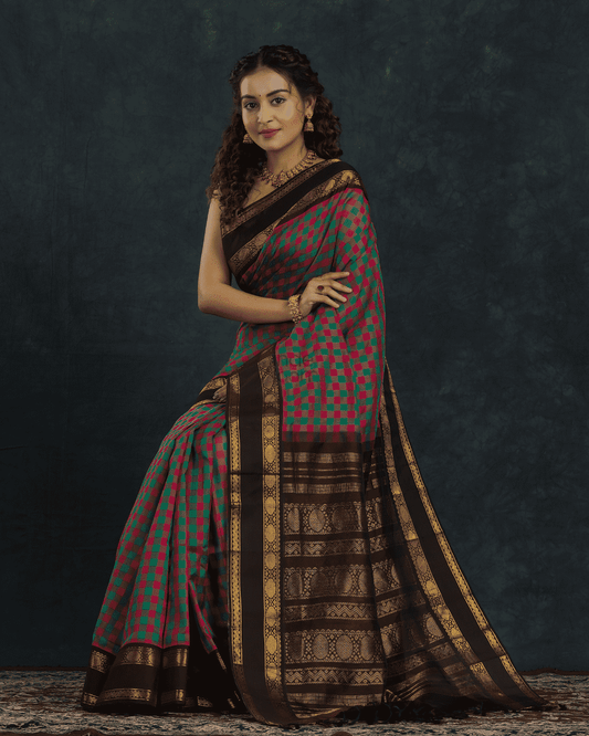 Pure Handloom Korvai Saree | Pink and Green Checks