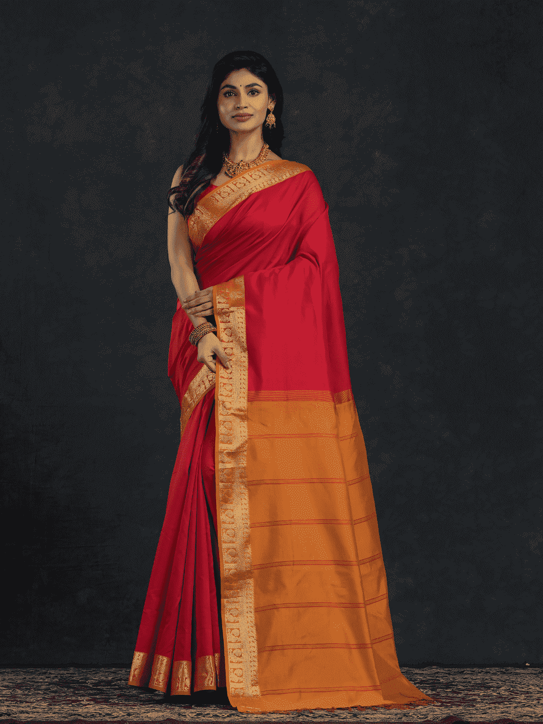 Pure Handloom Korvai Silk Cotton Saree in Passion Red and Mustard with Golden Pecock - 185
