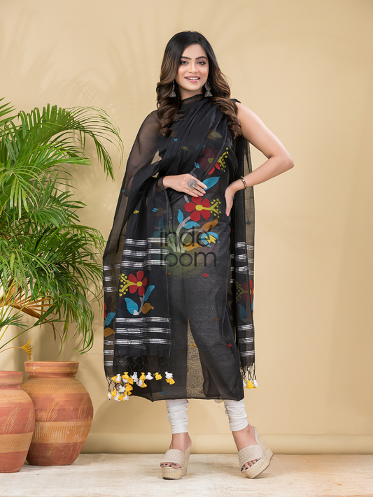 Coal Black | Handloom Jamdani Muslin Unstitched 2-Piece Kurti | Classic Design