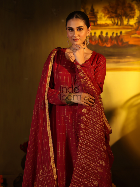 Dark Ruby | Handloom Jamdani Tissue Unstitched 2-Piece Kurti