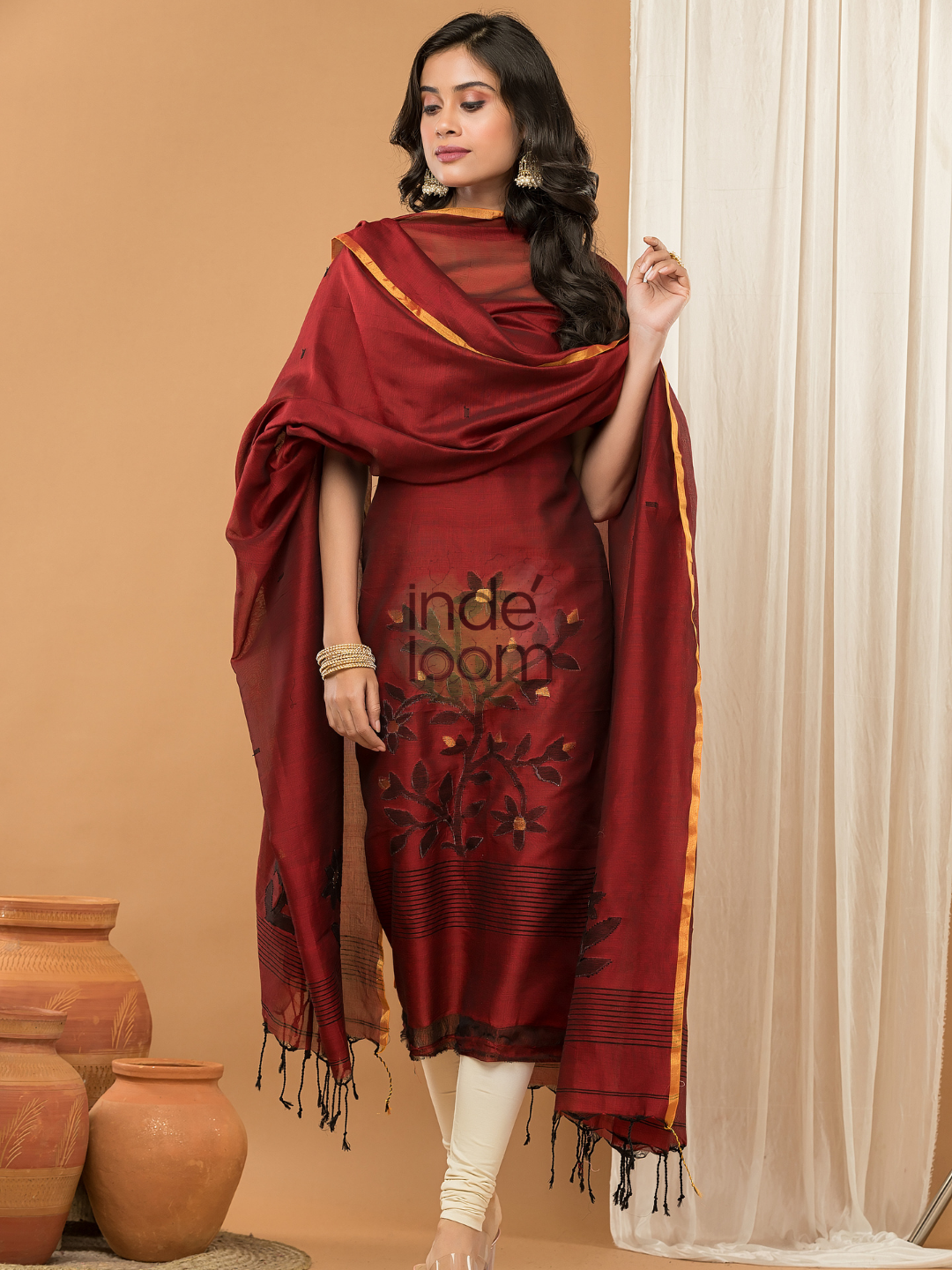 Handloom Jamdani Unstitched 2-Piece Kurti | Maroon