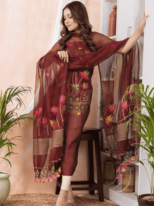 Earthen Rouge | Handloom Jamdani Muslin Unstitched 2-Piece Kurti | Classic Design