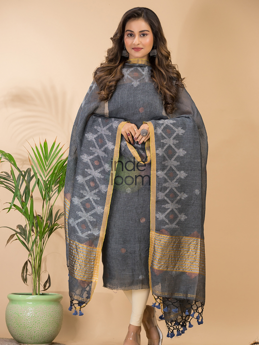 Handwoven Jamdani Silk Cotton Unstitched 2-piece Kurti | Charcoal Grey