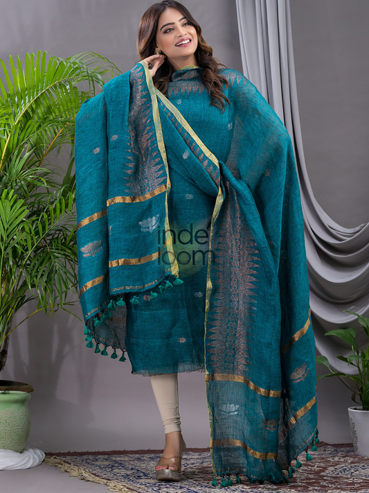 Lagoon Blue | Handloom Jamdani Linen Unstitched 2-Piece Kurti | Meenakari Design