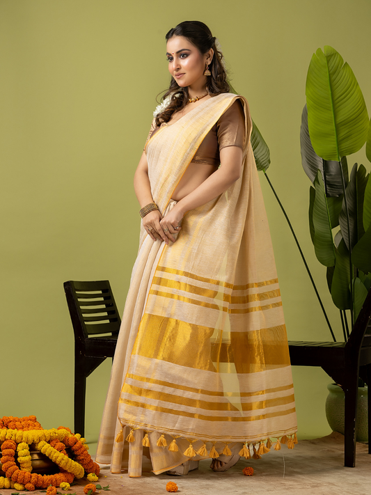 Pure Handloom Linen Saree | Pastel Yellow and Yelllow | Half and Half style with Contrast Border