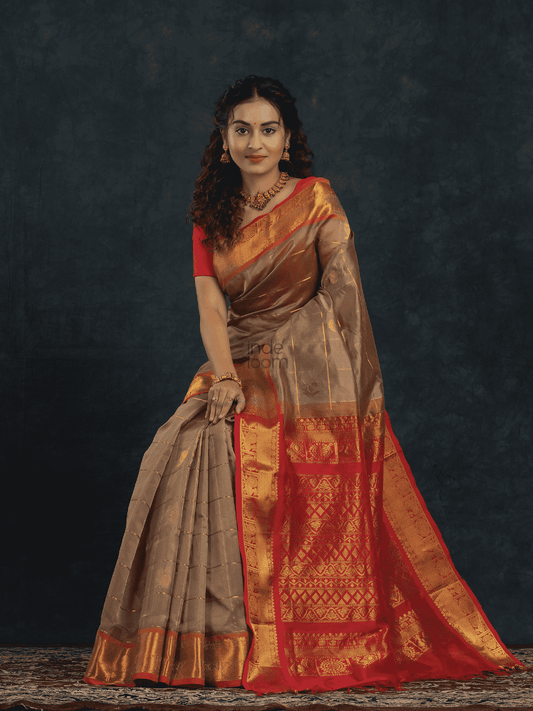 Pure Handloom Korvai Saree | Mayil-Chakram | Grey and Red