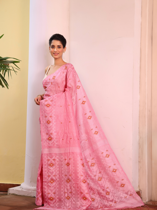 Tussar Silk Saree With Bubblegum Pink - 116