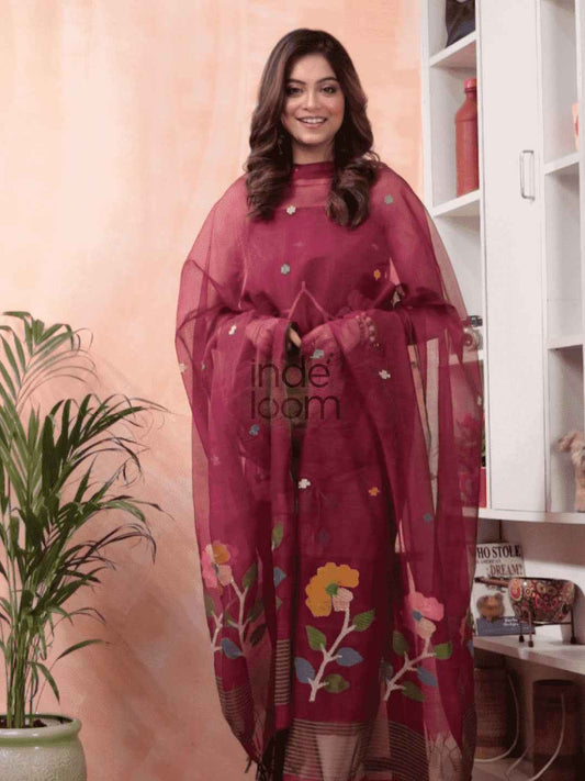 Handwoven Jamdani Muslin Unstitched 2-piece Kurti | Wine Red