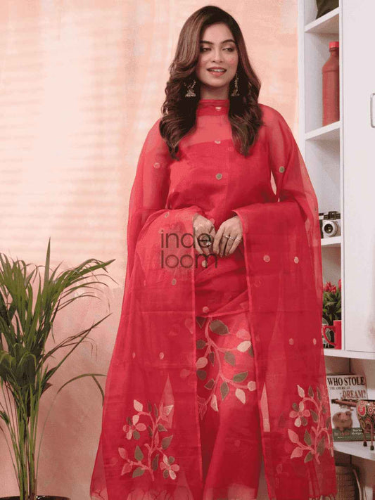 Handwoven Jamdani Muslin Unstitched 2-piece Kurti | Classic Red