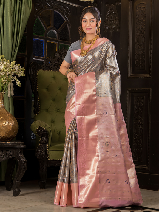 Rajatvata  -  Lava grey silk with warm pink-gold zari border
