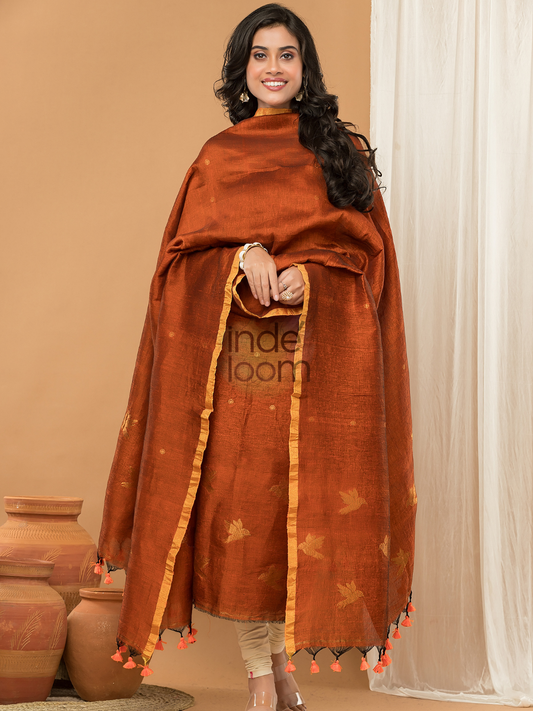 Handwoven Jamdani Linen Cotton Unstitched 2-piece Kurti | Burnt Orange