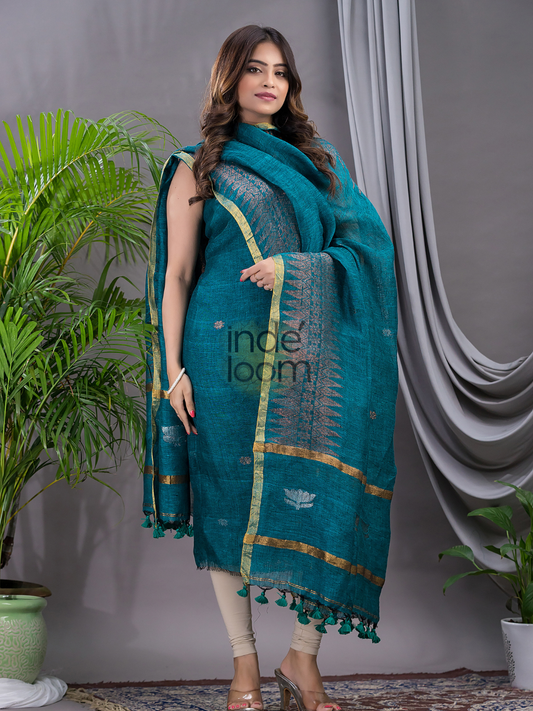 Lagoon Blue | Handloom Jamdani Linen Unstitched 2-Piece Kurti | Meenakari Design