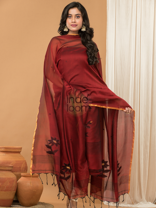 Handwoven Jamdani Muslin Unstitched 2-piece Kurti | Maroon Red