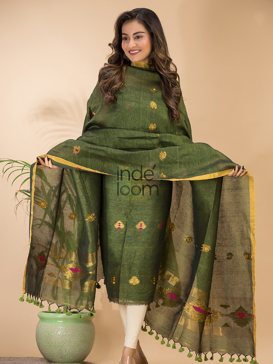 Deep Olive | Handloom Jamdani Linen Unstitched 2-Piece Kurti | Benaras Design